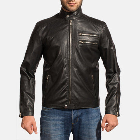 Onyx Black Leather Biker Jacket Up to 5XL