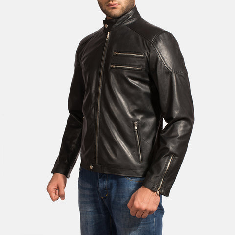 Onyx Black Leather Biker Jacket Up to 5XL
