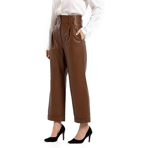 Leather Pants For women In Brown Color And Belted Waist